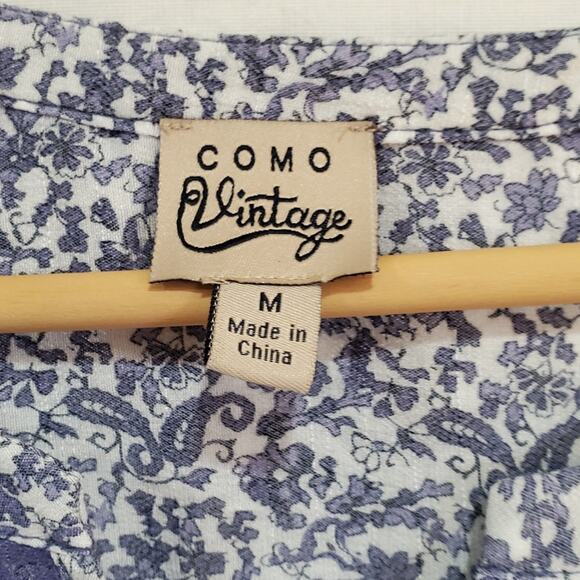Como Vintage Blue V Neck Floral Flutter Sleeve Top Medium - Picture 6 of 9